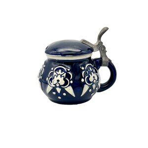Vintage Wekara German Lidded Mustard Pot Stein Blue White Stoneware 3.5"H